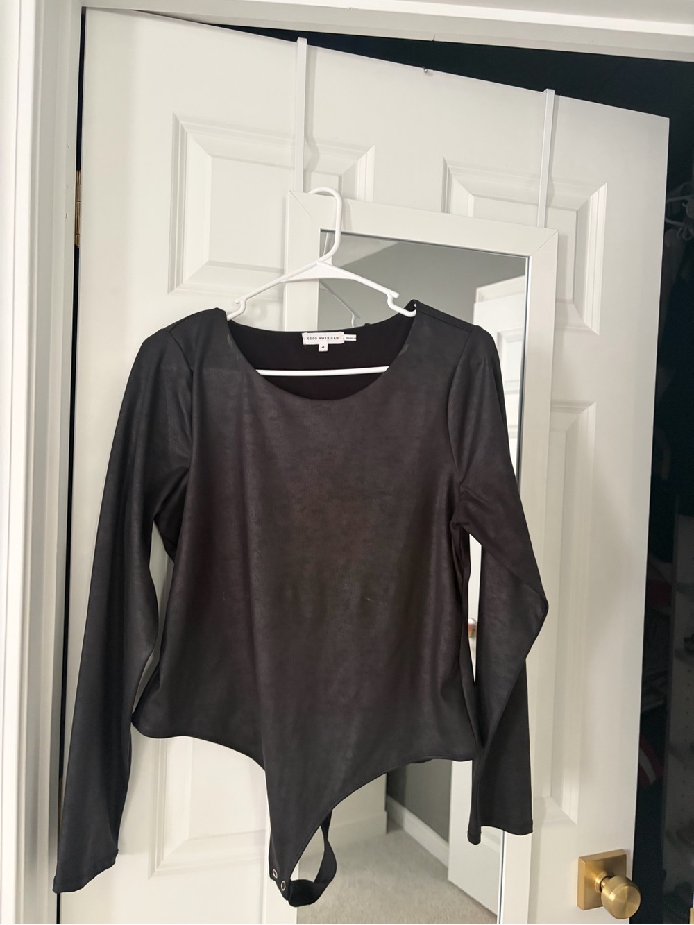 Good American Black Faux Leather Long-Sleeve Bodysuit
